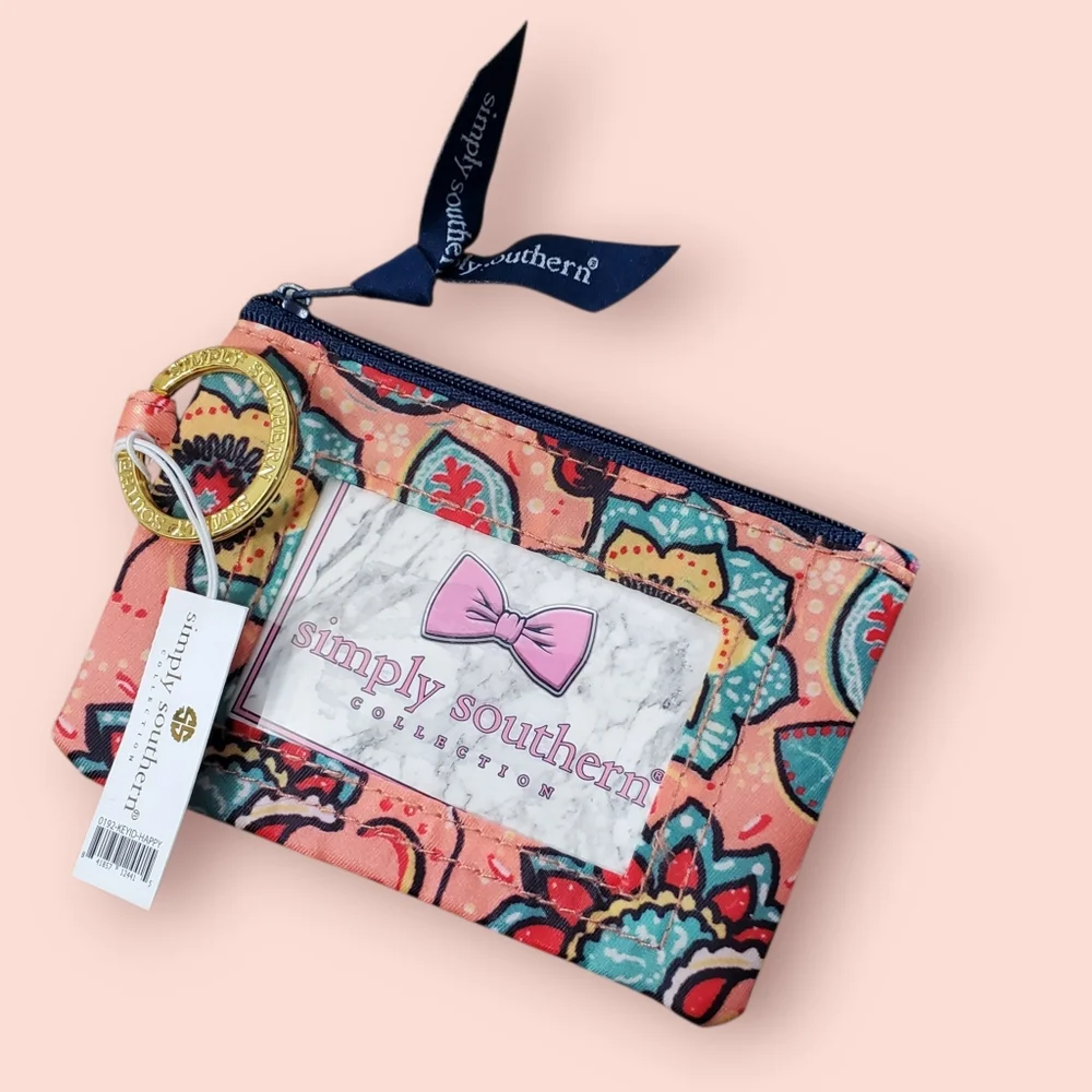 Simply Southern Coral and Navy Floral Set Key Ring ID And Wristlet Pouch NWT